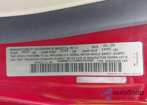 2008 Volkswagen New Beetle S/Se from USA, damaged, VIN 3VWRW31C98M526486